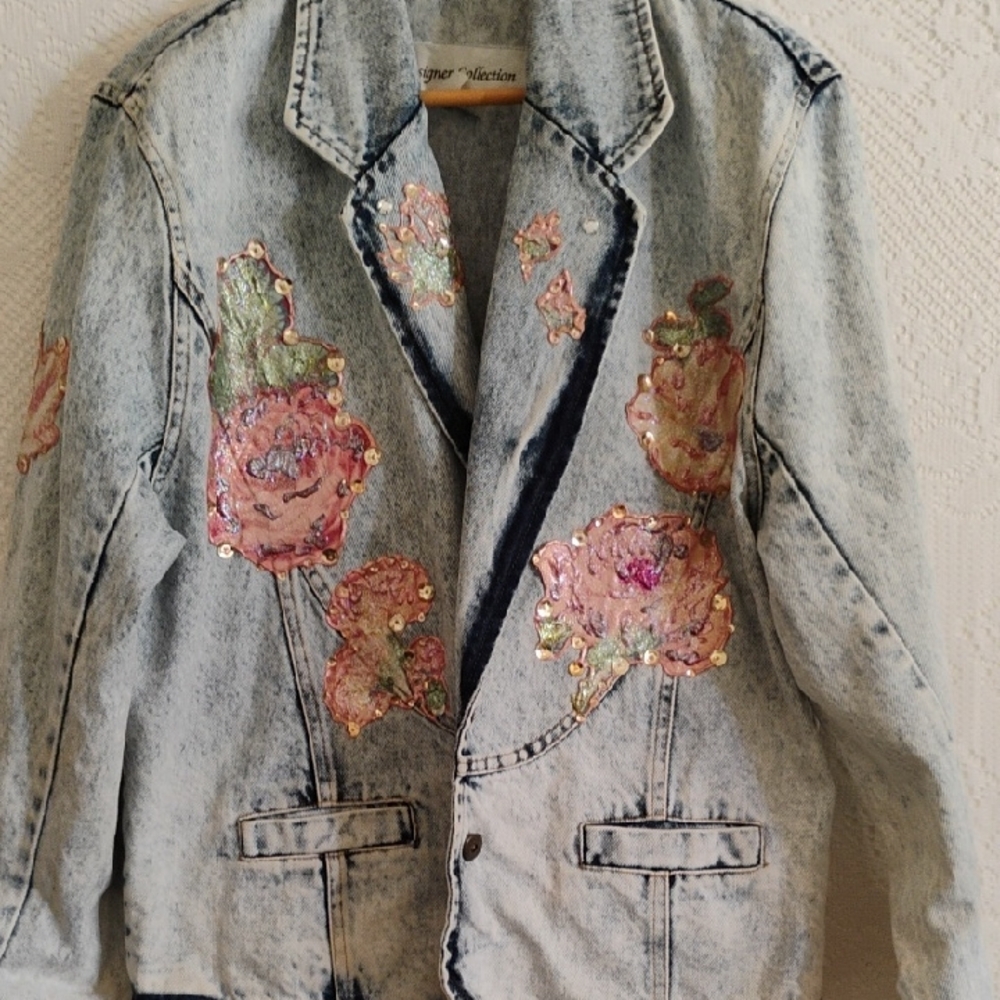 VTG 80's Style Denim Jacket Hand painted Crafted with embellishments
